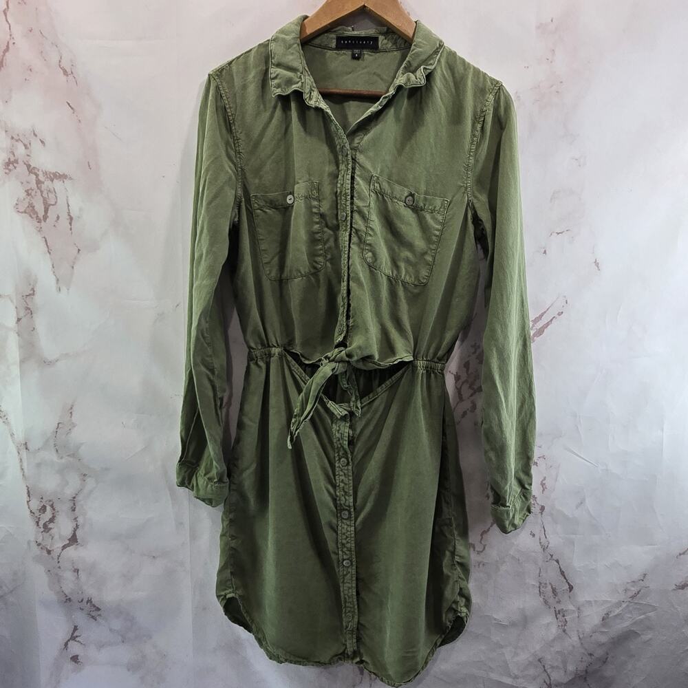 Anthropologie Dress Womens Small Green Tencel Button Mini Long Cut Out Knot